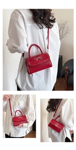 Detailed views of red square bag with silver bow accent and adjustable crossbody strap