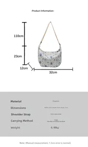 Detailed size chart for striped moon bag with bear print and adjustable strap
