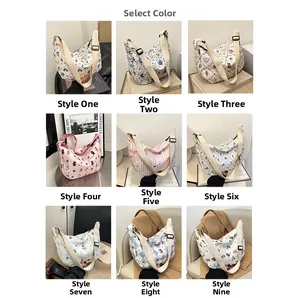Detail view of nine quilted canvas crossbody bags with diverse patterns and adjustable straps