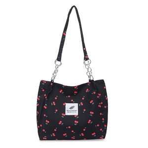 Fashionable black tote bag with red cherry prints and silver chain shoulder straps