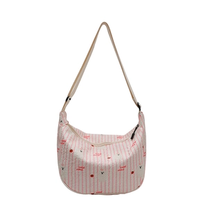 Pink and white striped crescent crossbody bag with cute strawberry and bear print design