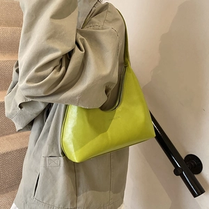 Lime green minimalist PU leather underarm bag with vintage baguette shape and shoulder strap