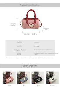 Detail view of plush fleece barrel bag with heart patch including size and color specs