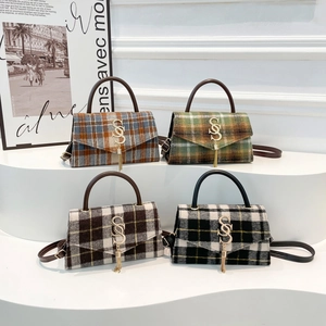 Bolso Bandolera Retro De Tweed A Cuadros Para Mujer Borla De Moda Logo S Bolso De Mano Cuadrado De Cuero PU Bolso De Hombro