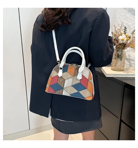 Model wearing a multi-color patchwork shell bag with crocodile texture and gold hardware