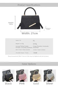 Infographic showing dimensions and specifications of the PU glitter square handbag