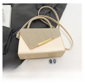 Fashionable beige crossbody bag size comparison with smartphone on grey suit background