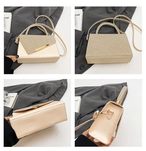 Detail shots of cream handbag with glitter flap, metal trim, and multi-angle views