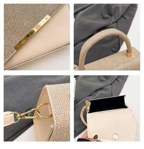 Detailed views of champagne gold mini handbag with sparkling sequins and metal buckle