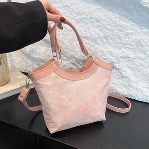 Embroidered Chinese Style Bucket Bag For Women PU Leather Fabric Vintage Jacquard Handbag Crossbody Shoulder Purses