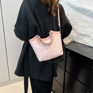 Pink silk embroidery bucket bag with marble pattern, stylish shoulder bag for women