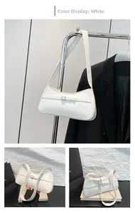 Detailed views of a white PU leather baguette bag featuring silver buckles and interior space