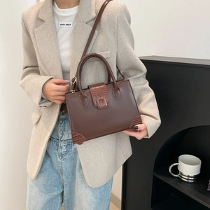 Vintage dark brown crossbody bag with faux crocodile texture panels for women