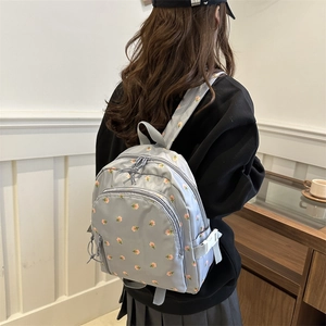 Floral print casual backpack for women in grey-blue with pink flower embroidery