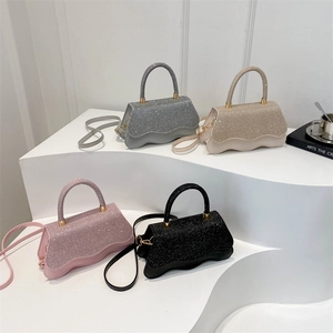 Women Elegant Glitter Rhinestone Wavy Edge Handbag PU Leather Small Shoulder Crossbody Bag With Top Handle For Party Daily