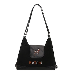 Black canvas tote bag with cartoon dog embroidery and leather trim for women
