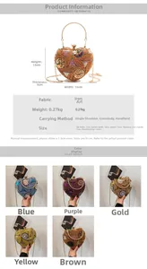 Detailed view of heart-shaped sequin evening bag with dimensions and multi-color options