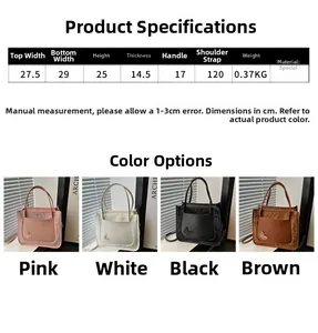 Detailed size chart showing dimensions and colors for the plush faux leather tote bag
