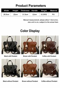 Size guide for PU leather tote backpack showing dimensions 28.5x22x11.5cm and color options