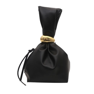 Minimalist black pleated bucket bag with a stylish gold teardrop handle for women