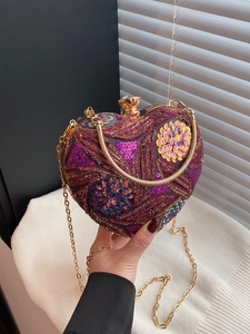 Heart Shape Sequin Embroidery Evening Clutch Bag Floral Beaded Banquet Party Luxury Handbag For Women Metal Chain Strap