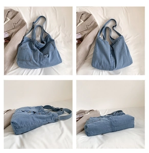 Detailed views of blue washed denim tote bag showing front pocket and strap structure