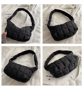 Detailed views of a black quilted nylon shoulder bag with soft padding and wide handles