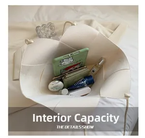 Detailed top view of a white quilted tote bag interior showing its large storage capacity