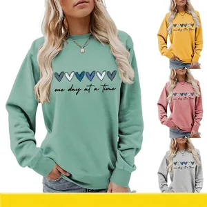 Felpa Donna Cotone Pullover Girocollo Maniche Lunghe One Day At A Time Stampa Cuore Moda Casual Autunno Inverno