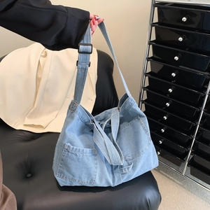 Denim Tote Bag Large Capacity Multi Pocket Adjustable Strap Casual Streetwear Shoulder Bag For Women