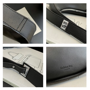 Detail view of black leather bag with silver hardware and fashion bag logo engraving