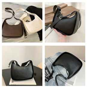 Detail view of stylish half-moon hobo bags in black, brown and beige leather textured finish