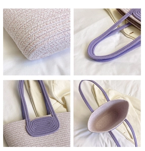 Detailed views of the hand-woven pink and white tote bag with wide purple shoulder straps