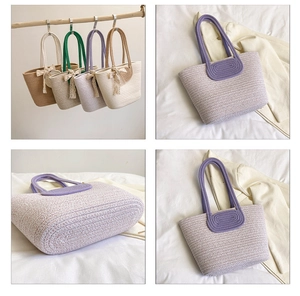 Close-up of the woven texture and white lace bow detail on the summer tote bag