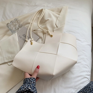 Woven Tote Bag PU Leather Large Capacity Minimalist Shoulder Handbag For Women Fashion Solid Color