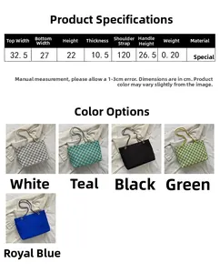 Detailed size chart and dimensions for the checkered tote bag in various colors