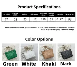 Size chart and specifications for the large quilted PU leather tote bag with chain strap