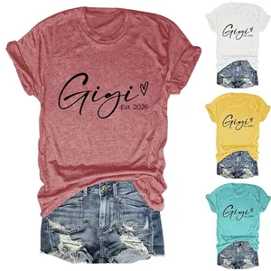 T-Shirt Femme Gigi Est 2026 Imprimé Cœur Mélange Coton Décontracté Manches Courtes Col Rond Coupe Ample Haut Été