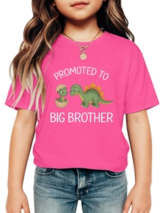 Detail of pink Big Brother T-shirt showing cute dinosaur graphic and soft cotton texture