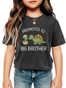 Close-up of charcoal grey T-shirt with cute dinosaurs and 'BIG BROTHER' slogan print