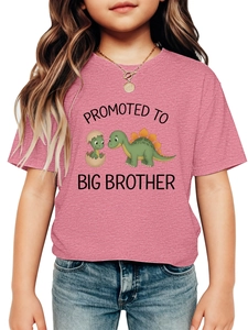 Close-up of Big Brother dinosaur graphic on a rose red heathered kids cotton T-shirt