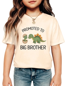 Detail of soft cotton kids T-shirt with Promoted to Big Brother dinosaur print