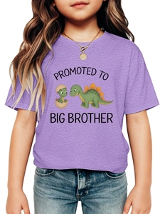 Detail of Promoted To Big Brother lilac t-shirt featuring cute dinosaur graphic prints