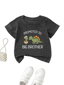 Macro detail of charcoal grey t-shirt with Promoted to Big Brother dinosaur print