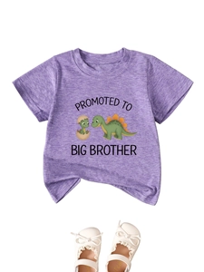 Purple dinosaur t-shirt Promoted to Big Brother with cute baby shoes on white backdrop