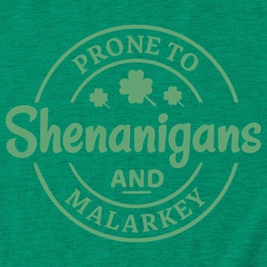 Close-up of green cotton t-shirt with Shenanigans and shamrock print detail