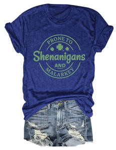 Detail of St. Patrick's Day round neck t-shirt with green retro shamrock graphic