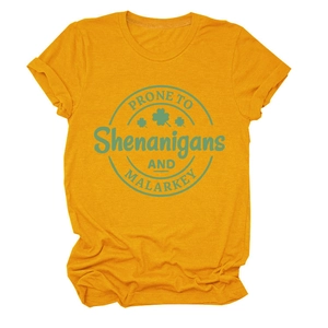 Detail of rolled cuffs and shamrock print on ginger yellow cotton blend t-shirt