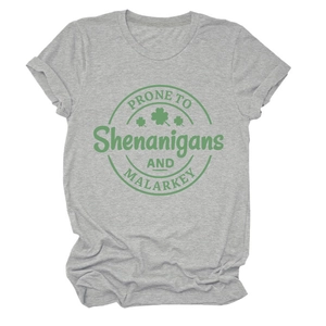 Detailed view of grey crew neck t-shirt with green retro St. Patrick's Day graphic