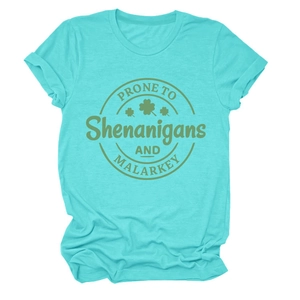 Detail of teal crew neck t-shirt featuring vintage shenanigans and malarkey print